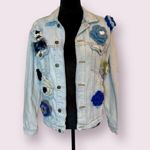 Upcycled Distressed Denim Jacket Embellished with Hand-Crochet Flowers Small